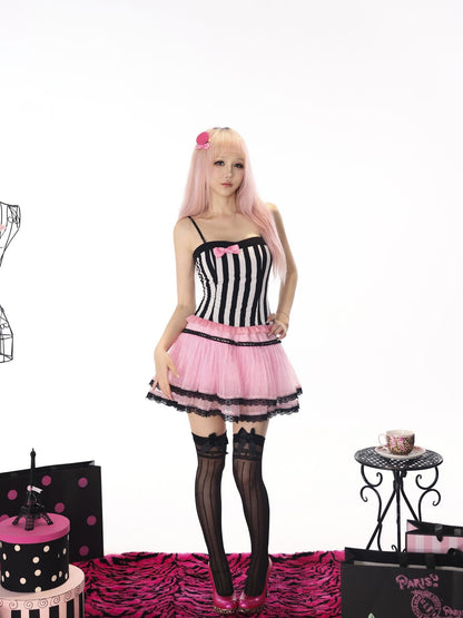 Evil Tooth Black And White Striped Bow Fitted Cropped Women&