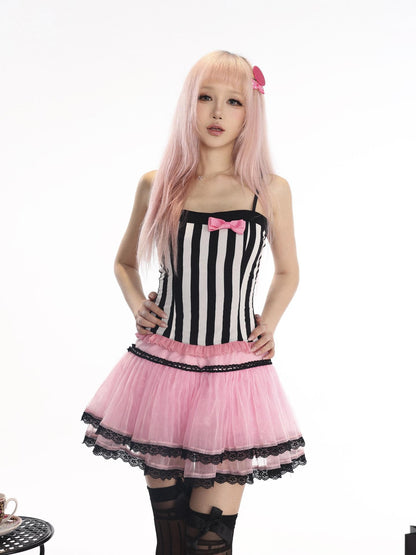 Evil Tooth Black And White Striped Bow Fitted Cropped Women&