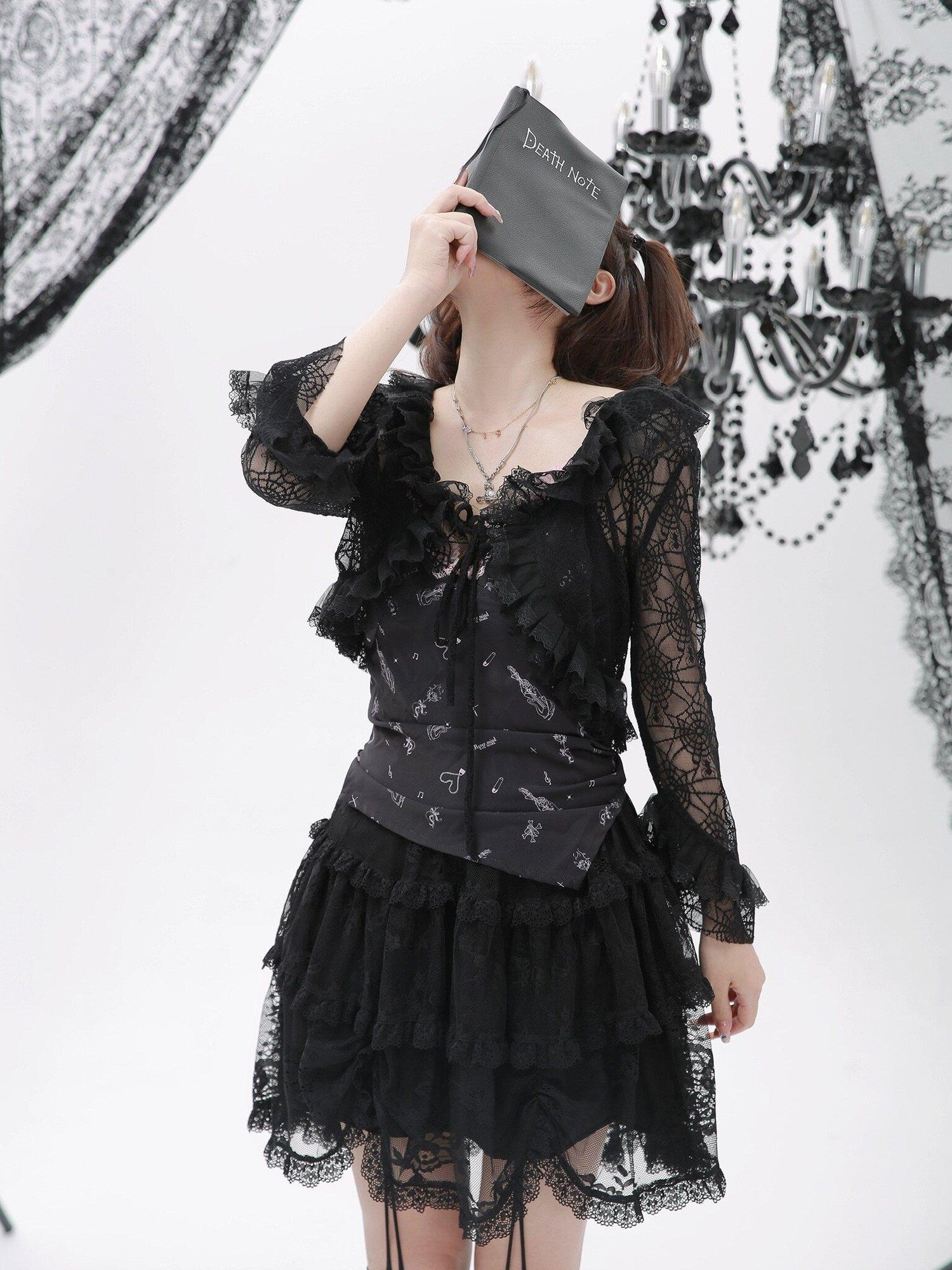 Evil Tooth Black Dark Gothic Strappy Lace Print Women&
