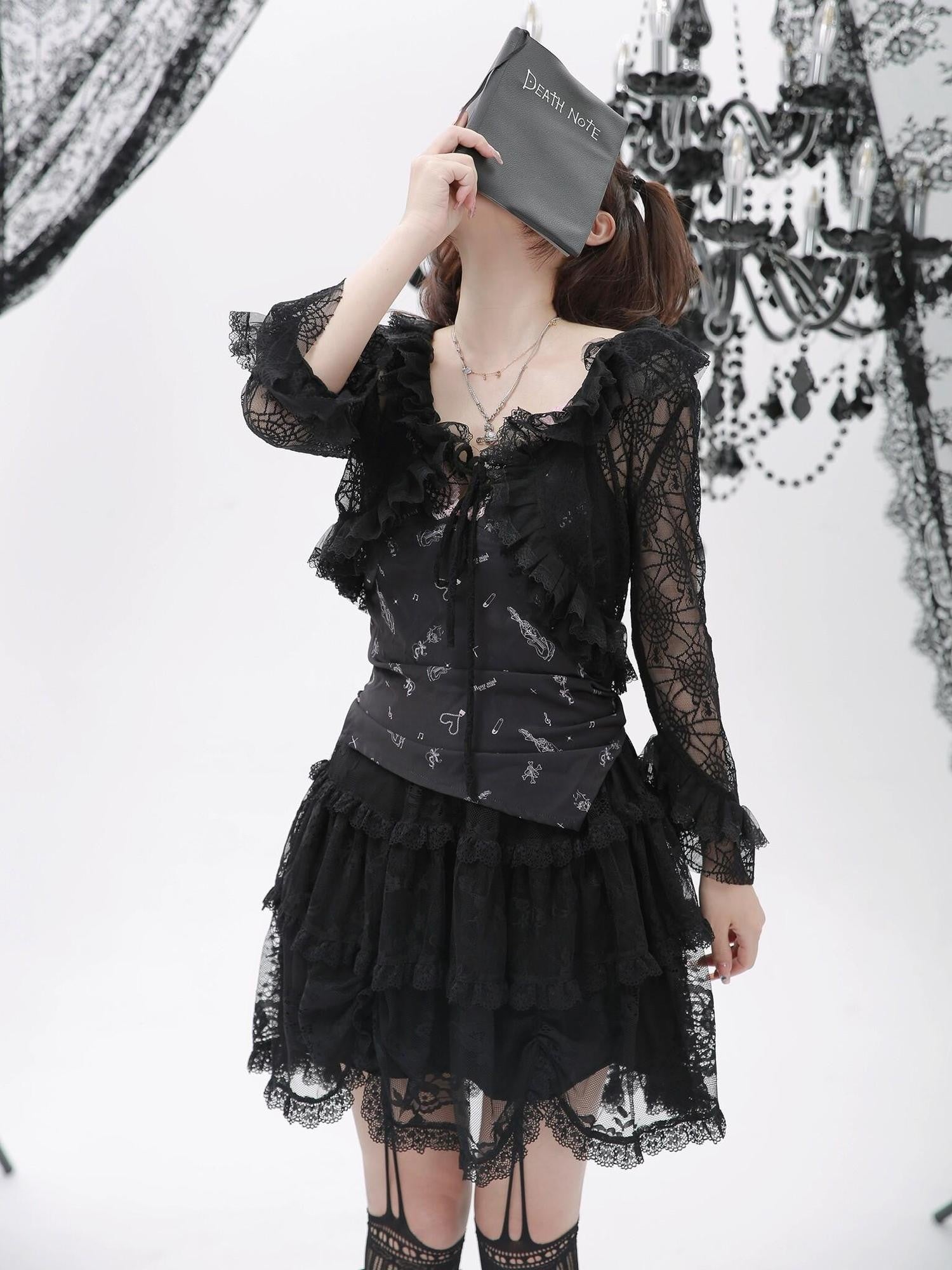 Evil Tooth Black Dark Gothic Strappy Lace Print Women&