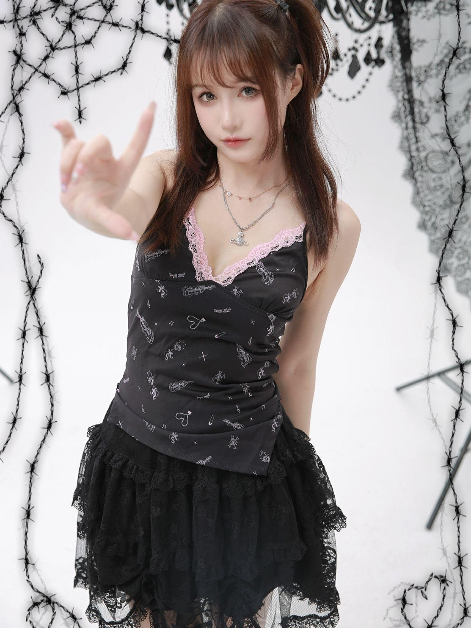 Evil Tooth Black Dark Gothic Strappy Lace Print Women&