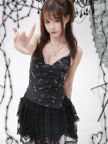 Evil Tooth Black Dark Gothic Strappy Lace Print Women&