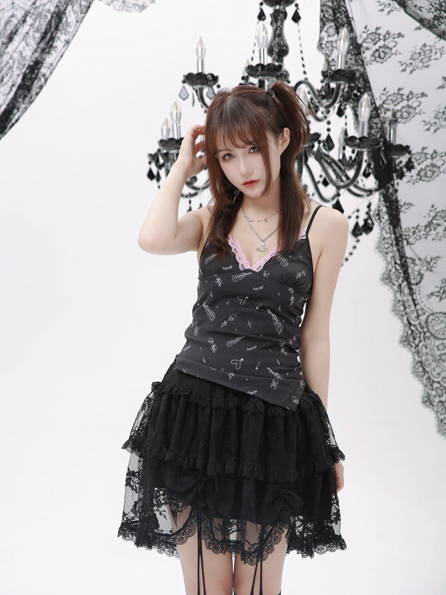 Evil Tooth Black Dark Gothic Strappy Lace Print Women&