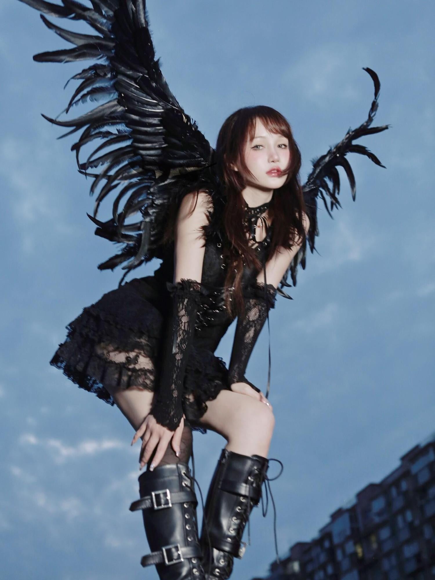 Evil Tooth Black Feather Lace Gothic Strappy A Line Women&