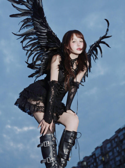 Evil Tooth Black Feather Lace Gothic Strappy A Line Women&