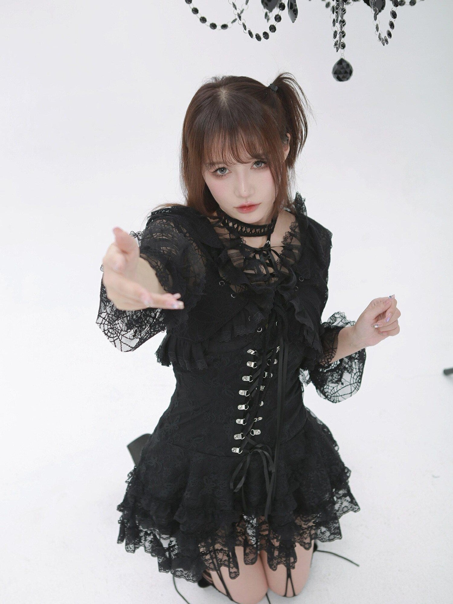 Evil Tooth Black Feather Lace Gothic Strappy A Line Women&