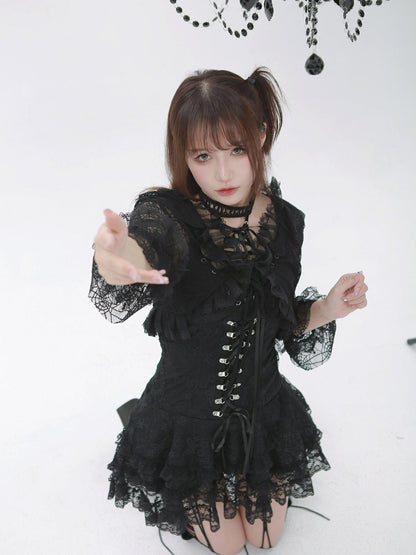 Evil Tooth Black Feather Lace Gothic Strappy A Line Women&