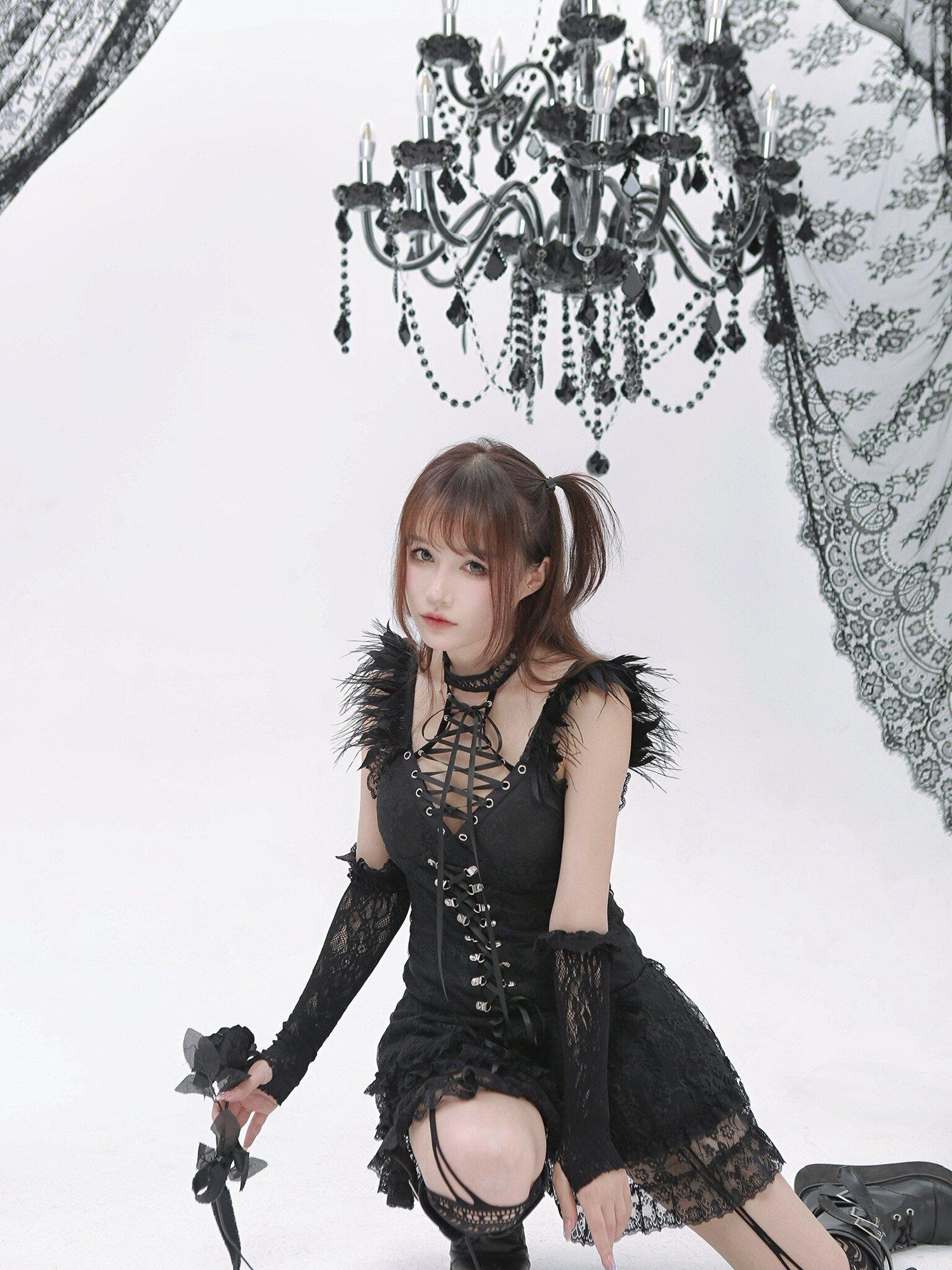 Evil Tooth Black Feather Lace Gothic Strappy A Line Women&