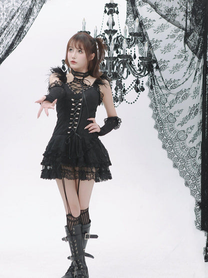 Evil Tooth Black Feather Lace Gothic Strappy A Line Women&