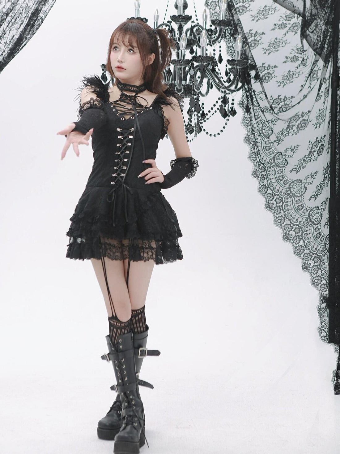 Evil Tooth Black Feather Lace Gothic Strappy A Line Women&