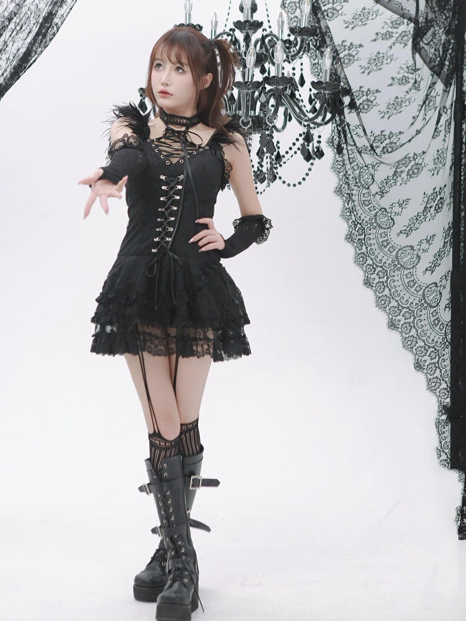 Evil Tooth Black Feather Lace Gothic Strappy A Line Women&