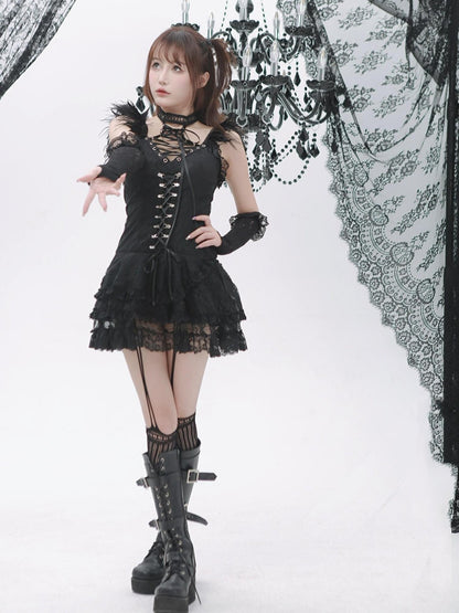 Evil Tooth Black Feather Lace Gothic Strappy A Line Women&