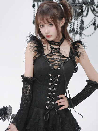 Evil Tooth Black Feather Lace Gothic Strappy A Line Women&