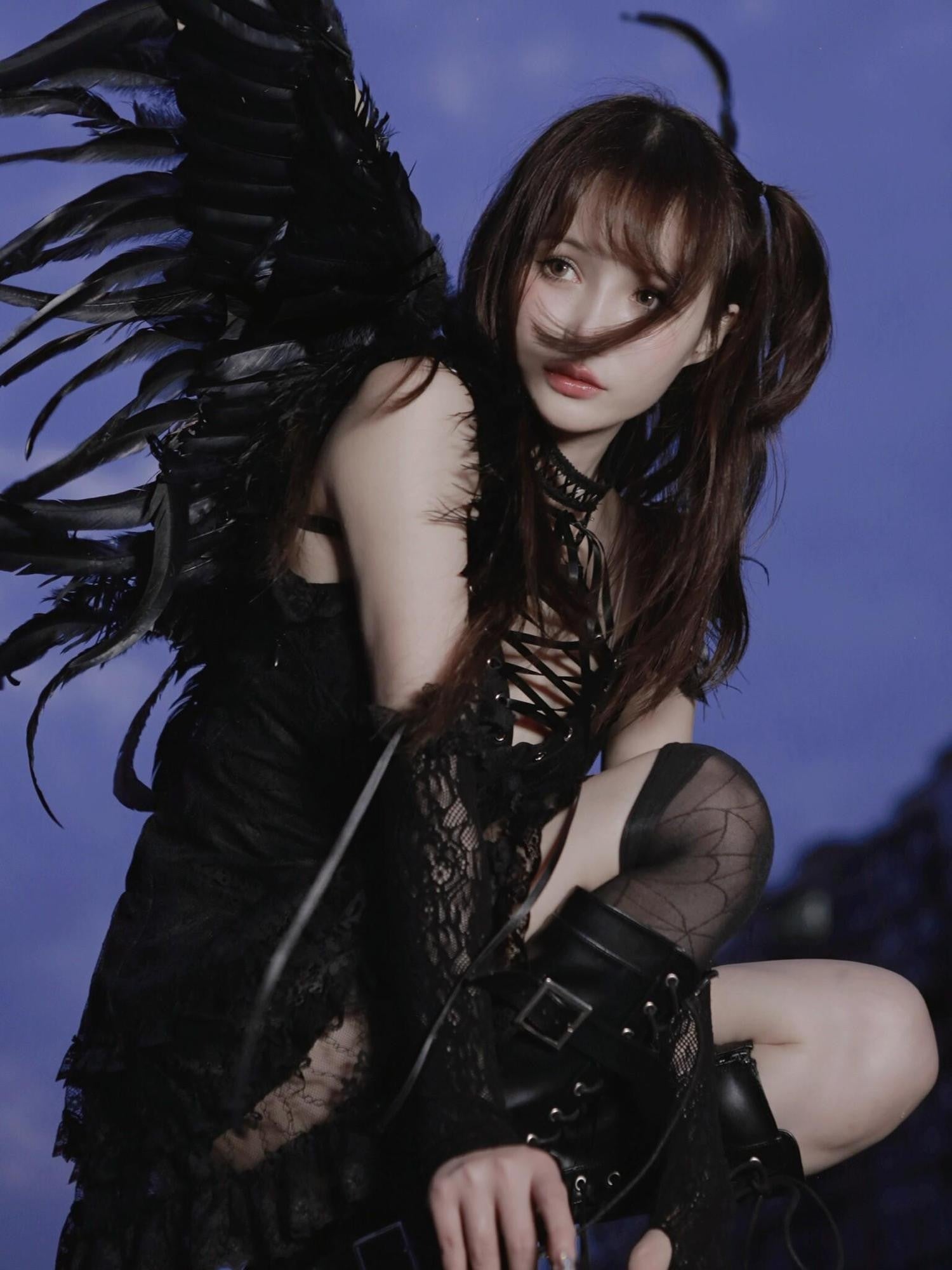 Evil Tooth Black Feather Lace Gothic Strappy A Line Women&