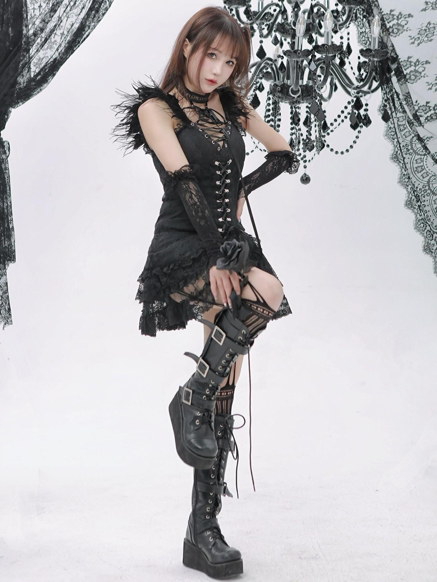 Evil Tooth Black Feather Lace Gothic Strappy A Line Women&