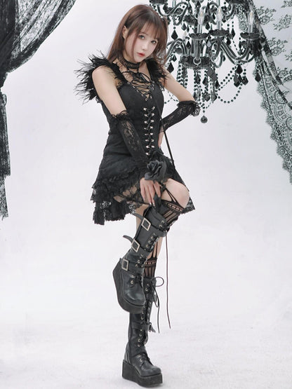 Evil Tooth Black Feather Lace Gothic Strappy A Line Women&