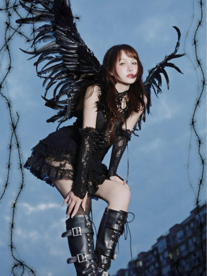 Evil Tooth Black Feather Lace Gothic Strappy A Line Women&