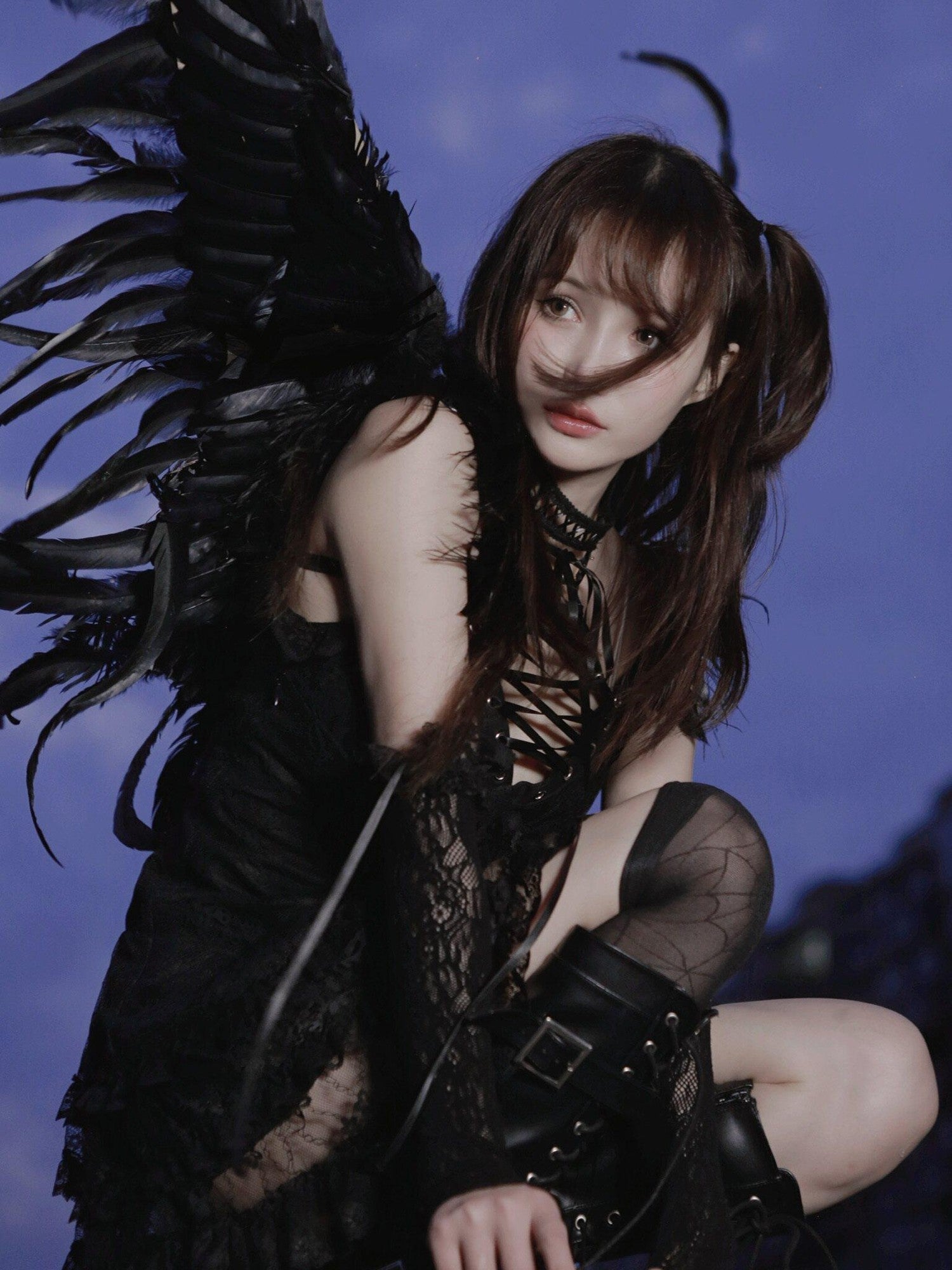 Evil Tooth Black Feather Lace Gothic Strappy A Line Women&