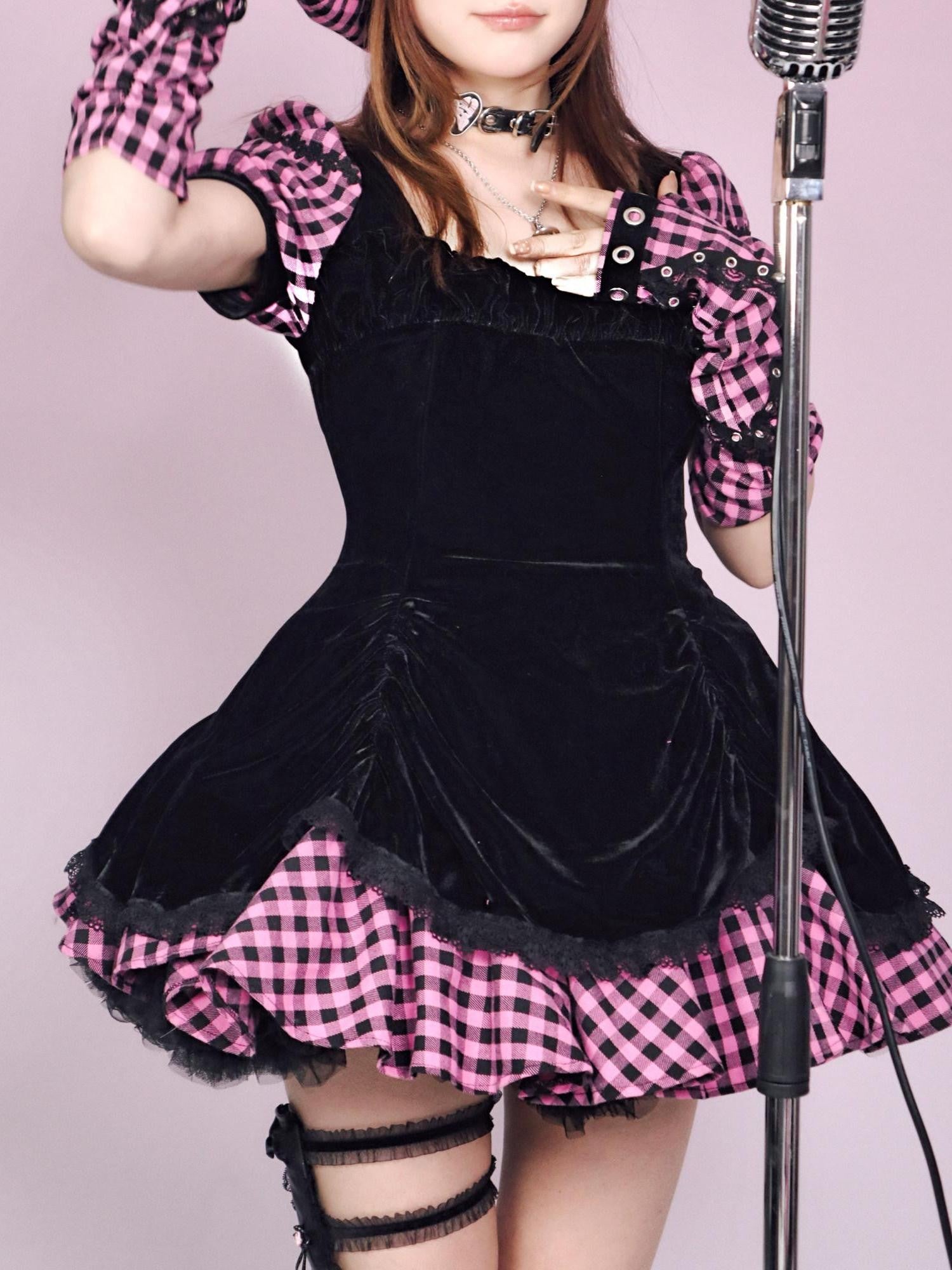 Evil Tooth Black Gothic Lolita Plaid Patchwork Women&