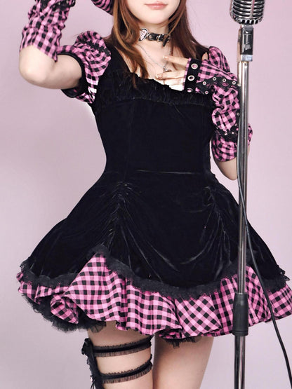 Evil Tooth Black Gothic Lolita Plaid Patchwork Women&