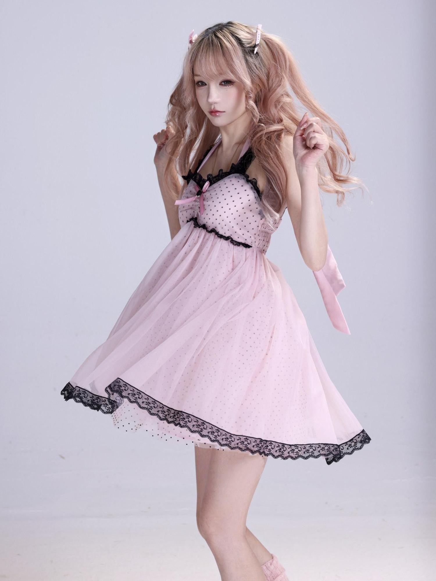 Evil Tooth Black Pink Polka Dot Lace Halter Neck Women&