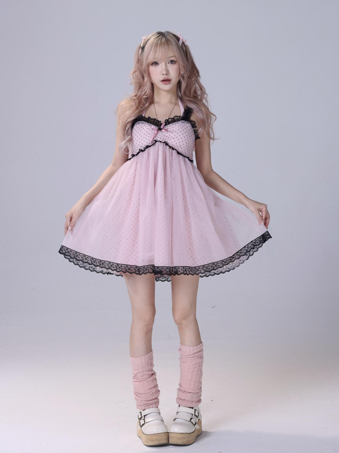 Evil Tooth Black Pink Polka Dot Lace Halter Neck Women&
