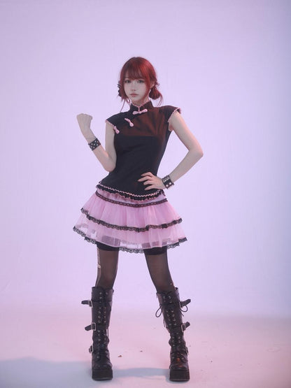 Evil Tooth Cheongsam Mandarin Collar Frog Button Women&