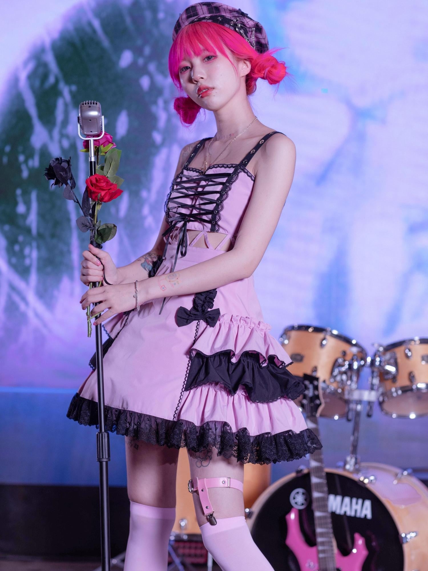 Evil Tooth Chinese Punk Lolita Puff Sleeve Vest Skirt Set Women&