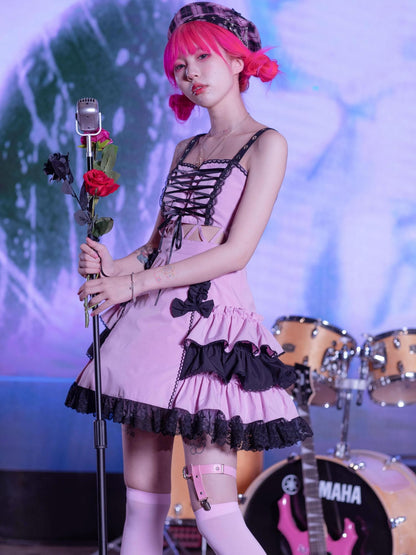 Evil Tooth Chinese Punk Lolita Puff Sleeve Vest Skirt Set Women&