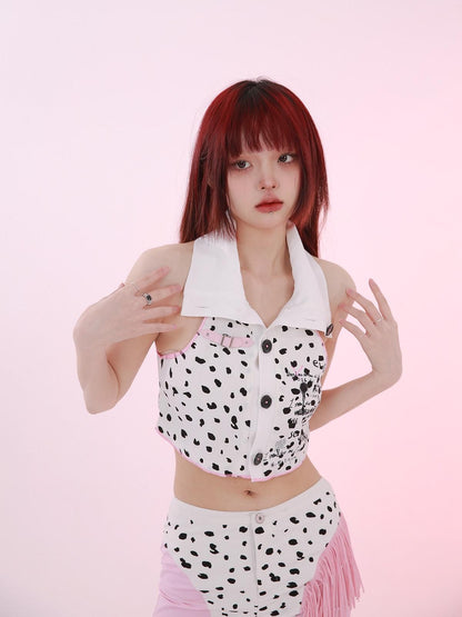 Evil Tooth Cropped Polka Dot Collar Original Print Toy Denim Women&