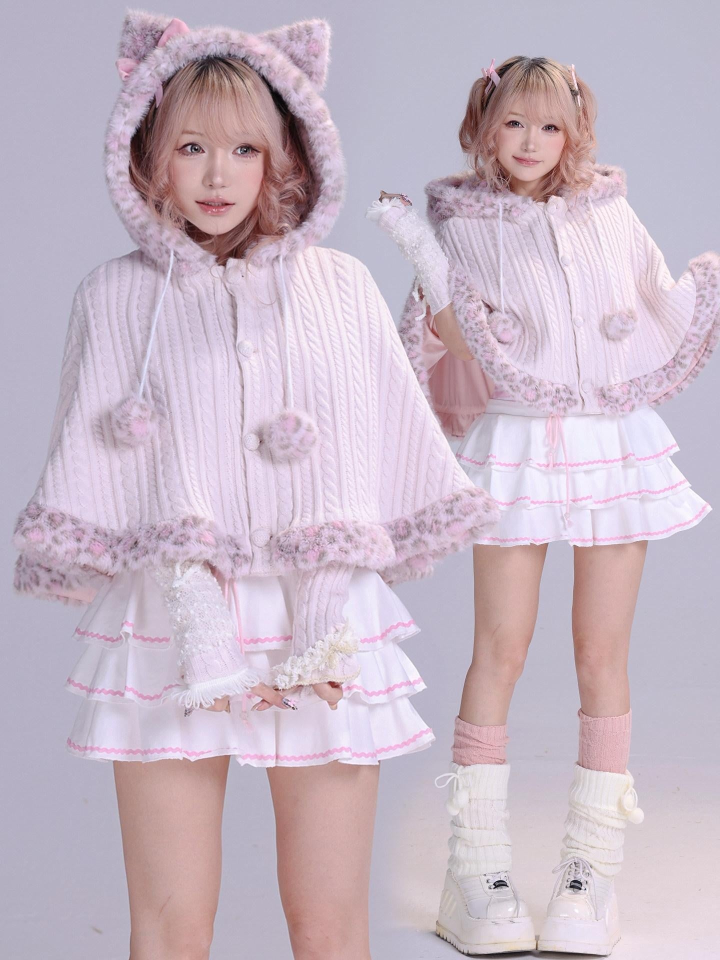 Evil Tooth Cute Cat Ear Bow Leopard Print Hooded Cape Women&