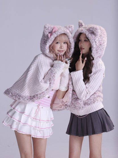 Evil Tooth Cute Cat Ear Bow Leopard Print Hooded Cape Women&