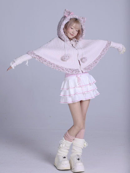 Evil Tooth Cute Cat Ear Bow Leopard Print Hooded Cape Women&