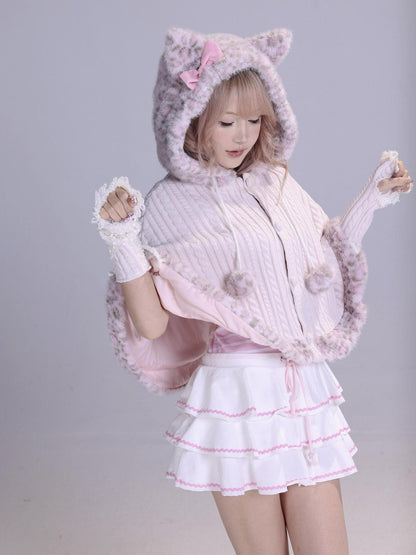 Evil Tooth Cute Cat Ear Bow Leopard Print Hooded Cape Women&