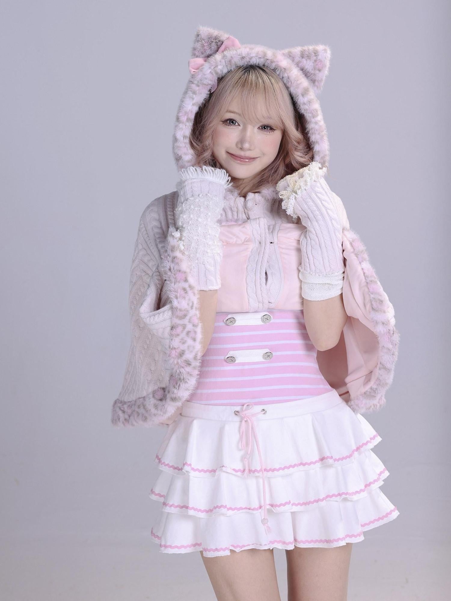 Evil Tooth Cute Cat Ear Bow Leopard Print Hooded Cape Women&