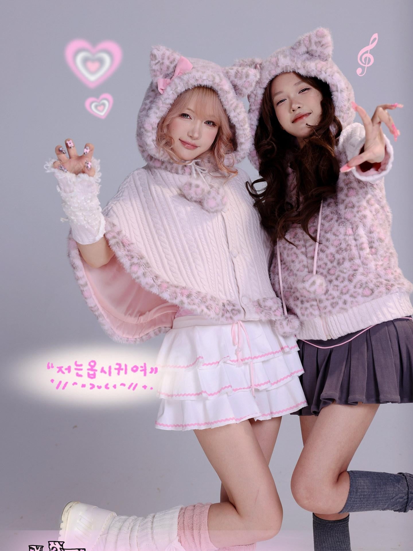 Evil Tooth Cute Cat Ear Bow Leopard Print Hooded Cape Women&