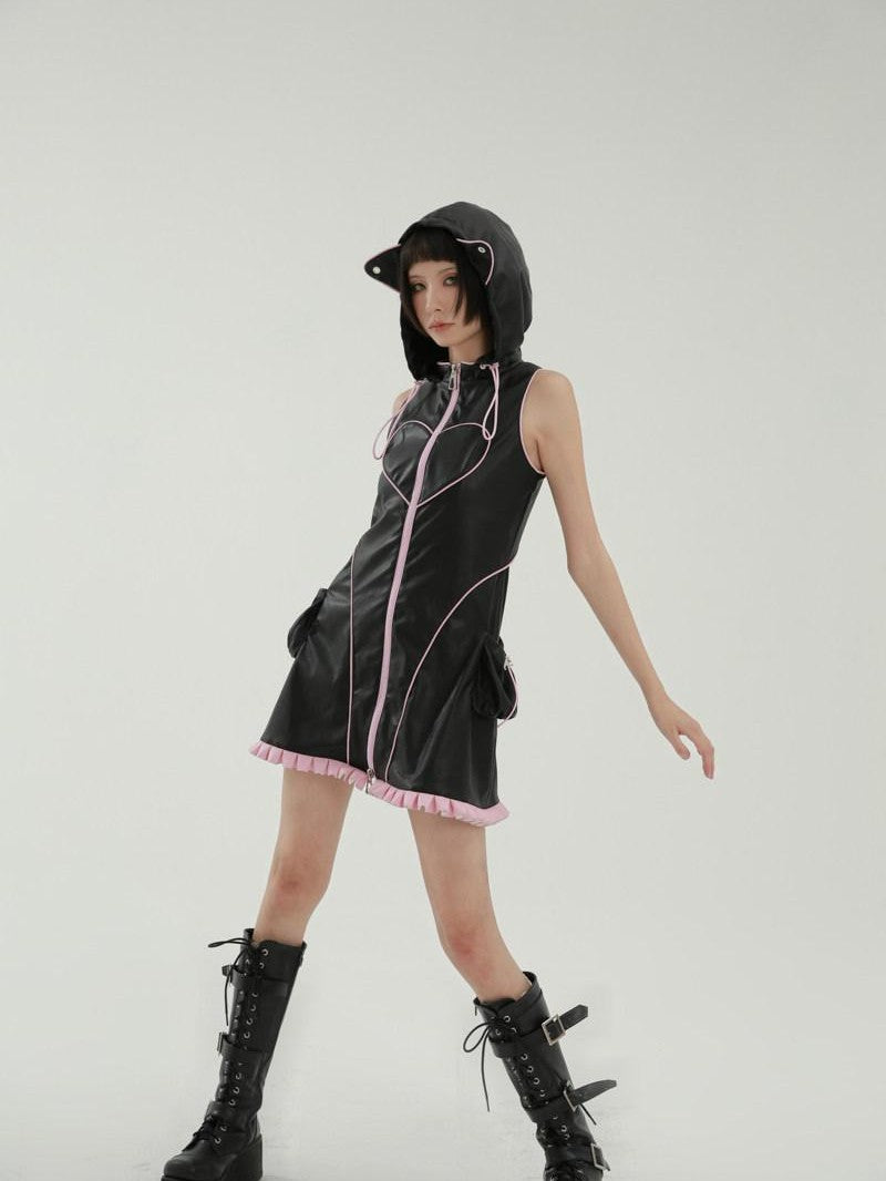 Evil Tooth Cyber Biker Cat Ear Hooded Slim Vest Women&