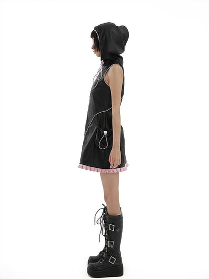 Evil Tooth Cyber Biker Cat Ear Hooded Slim Vest Women&