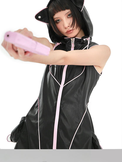 Evil Tooth Cyber Biker Cat Ear Hooded Slim Vest Women&