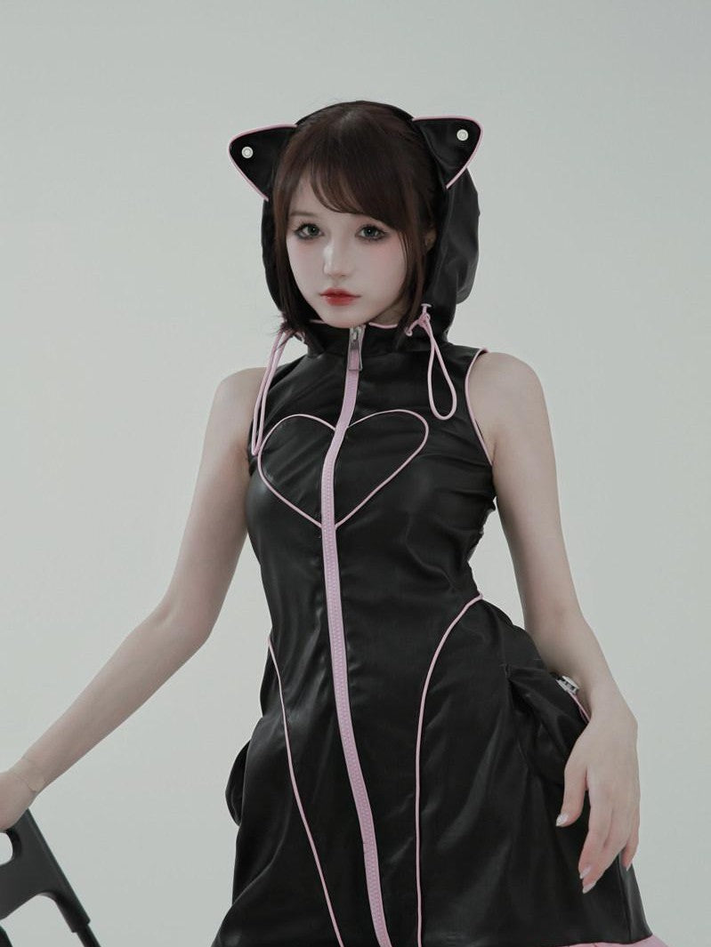 Evil Tooth Cyber Biker Cat Ear Hooded Slim Vest Women&