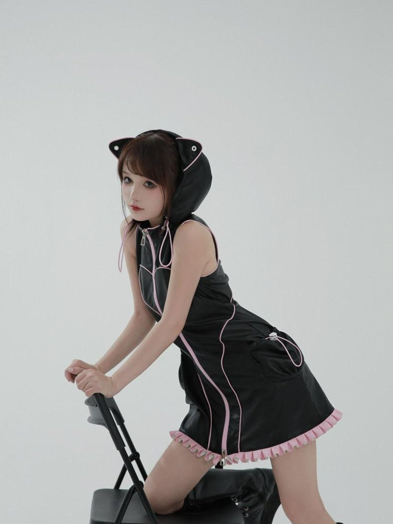 Evil Tooth Cyber Biker Cat Ear Hooded Slim Vest Women&