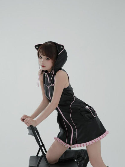 Evil Tooth Cyber Biker Cat Ear Hooded Slim Vest Women&