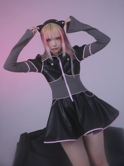 Evil Tooth Cyberpunk Knit Splice Puffy Long Sleeve Women&