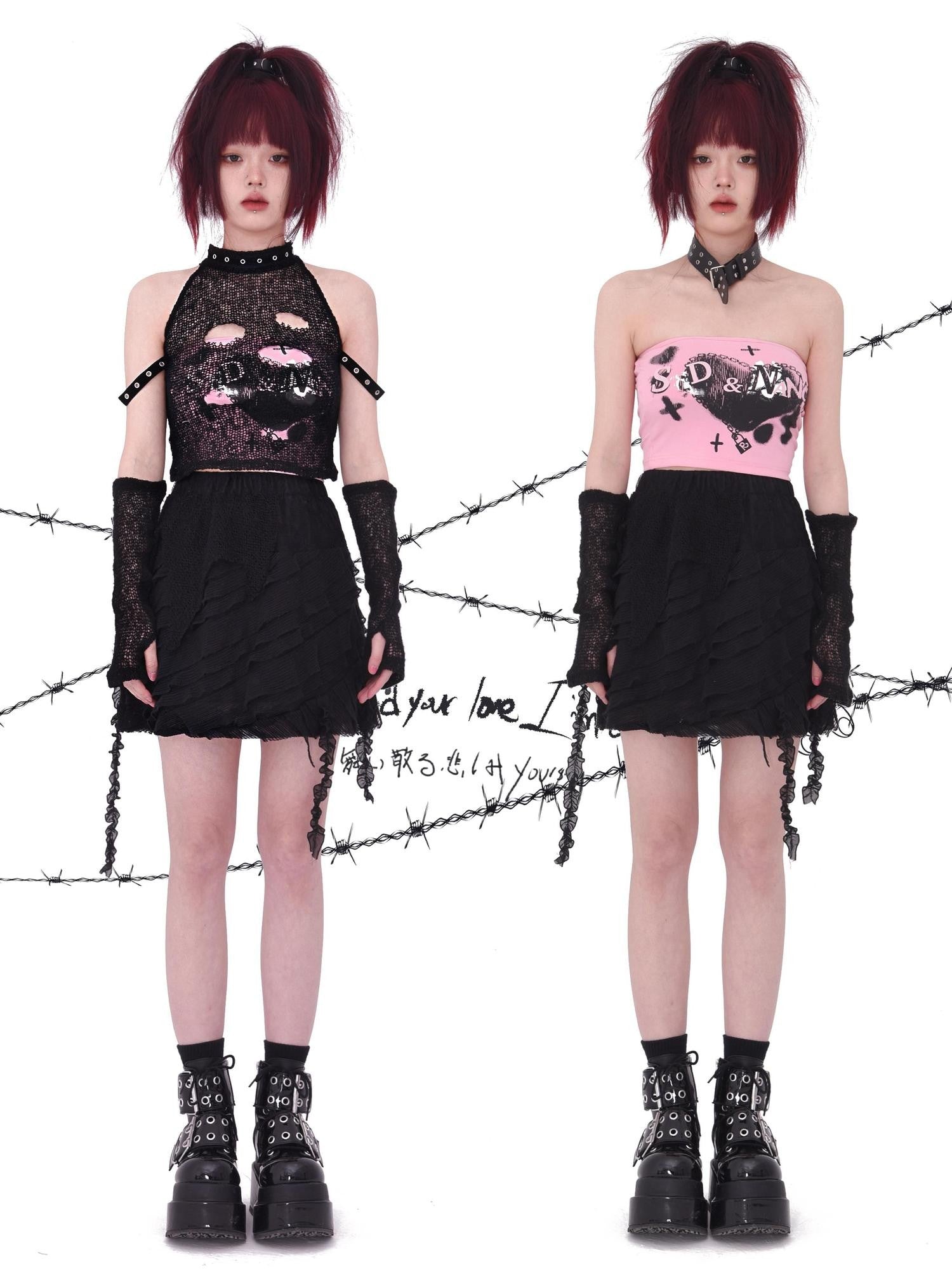 Evil Tooth Distressed Mesh Patchwork Hand Painted Women&