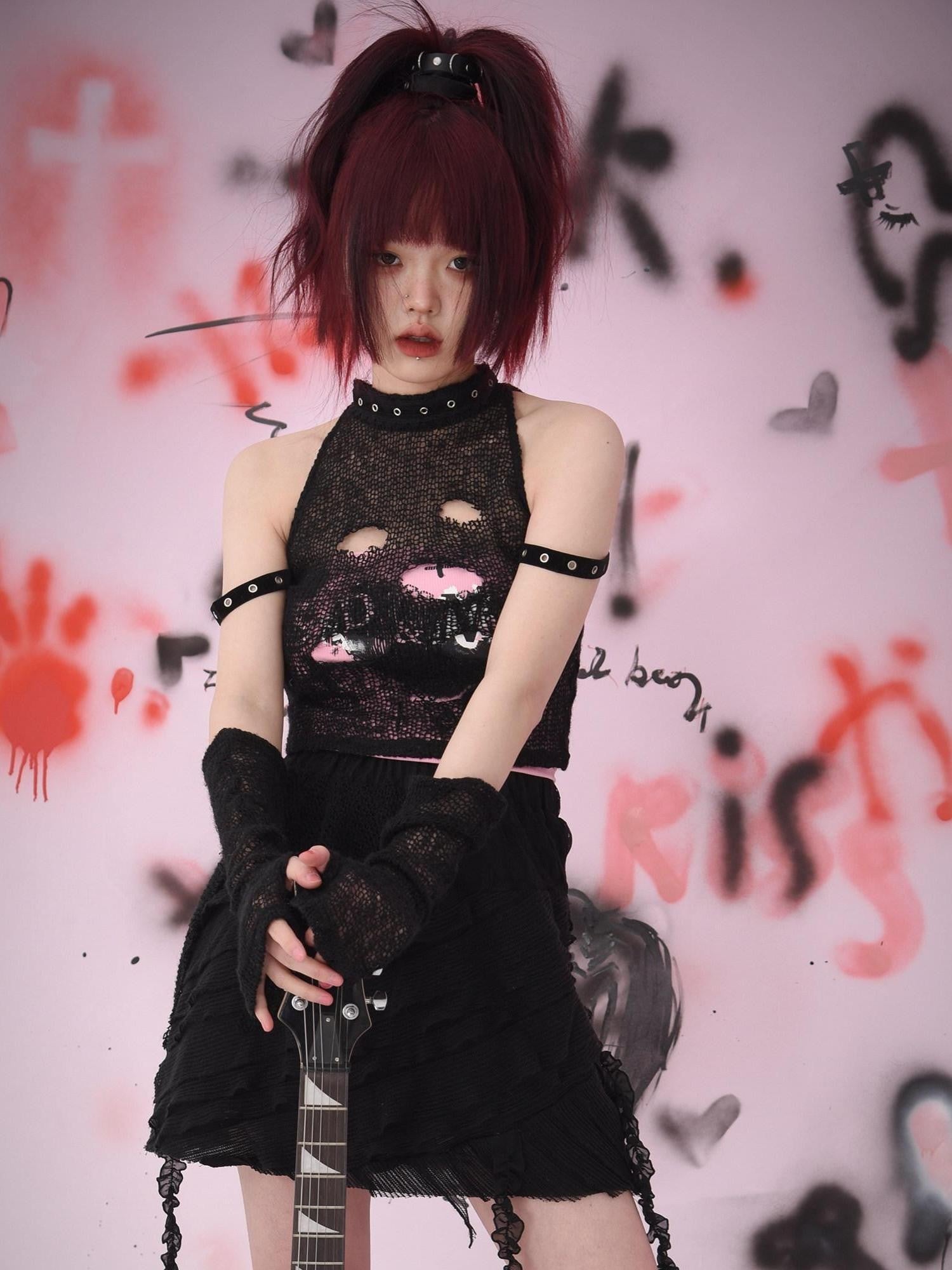 Evil Tooth Distressed Mesh Patchwork Hand Painted Women&