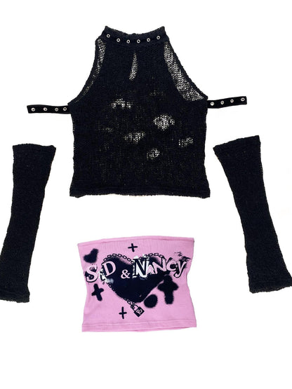 Evil Tooth Distressed Mesh Patchwork Hand Painted Women&