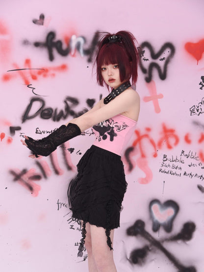 Evil Tooth Distressed Mesh Patchwork Hand Painted Women&
