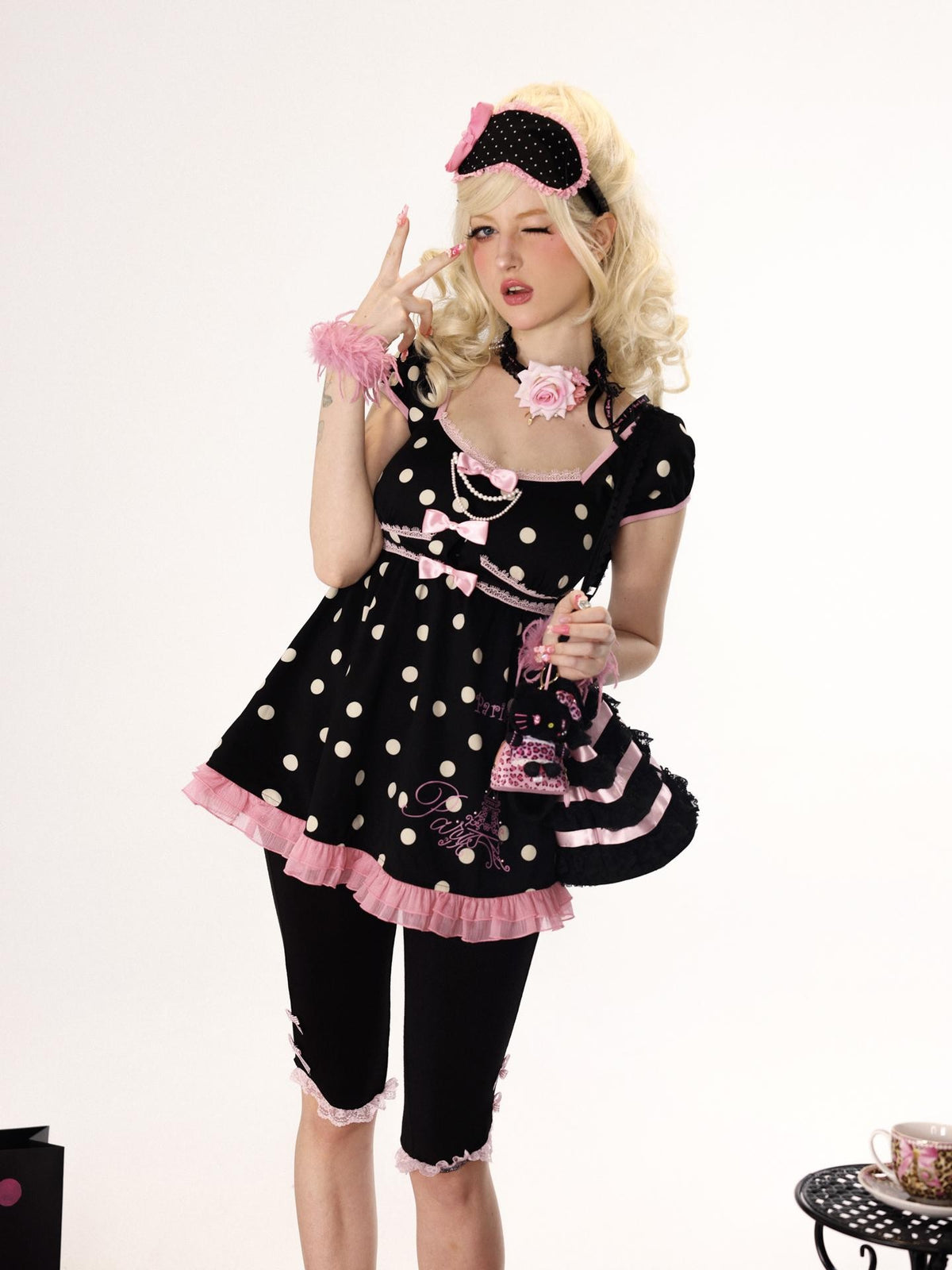 Evil Tooth Eiffel Tower Print Rhinestone Polka Dot Puff Sleeve Women&
