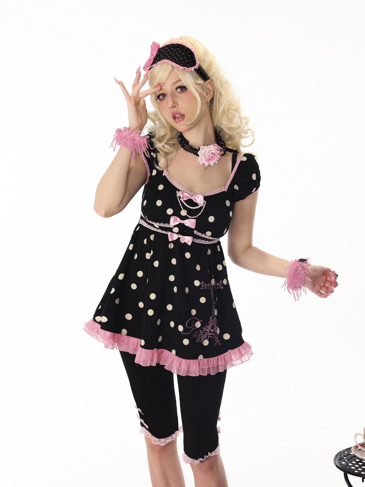 Evil Tooth Eiffel Tower Print Rhinestone Polka Dot Puff Sleeve Women&