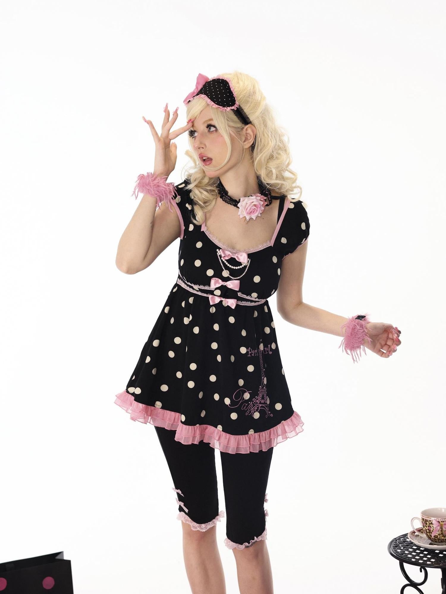 Evil Tooth Eiffel Tower Print Rhinestone Polka Dot Puff Sleeve Women&